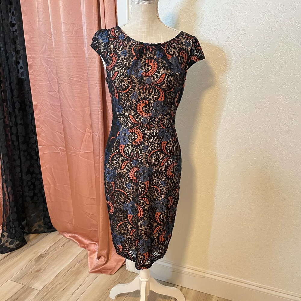 Ella Blue Orange & Black Floral & Paisley V-Back Lace Dress Size Large